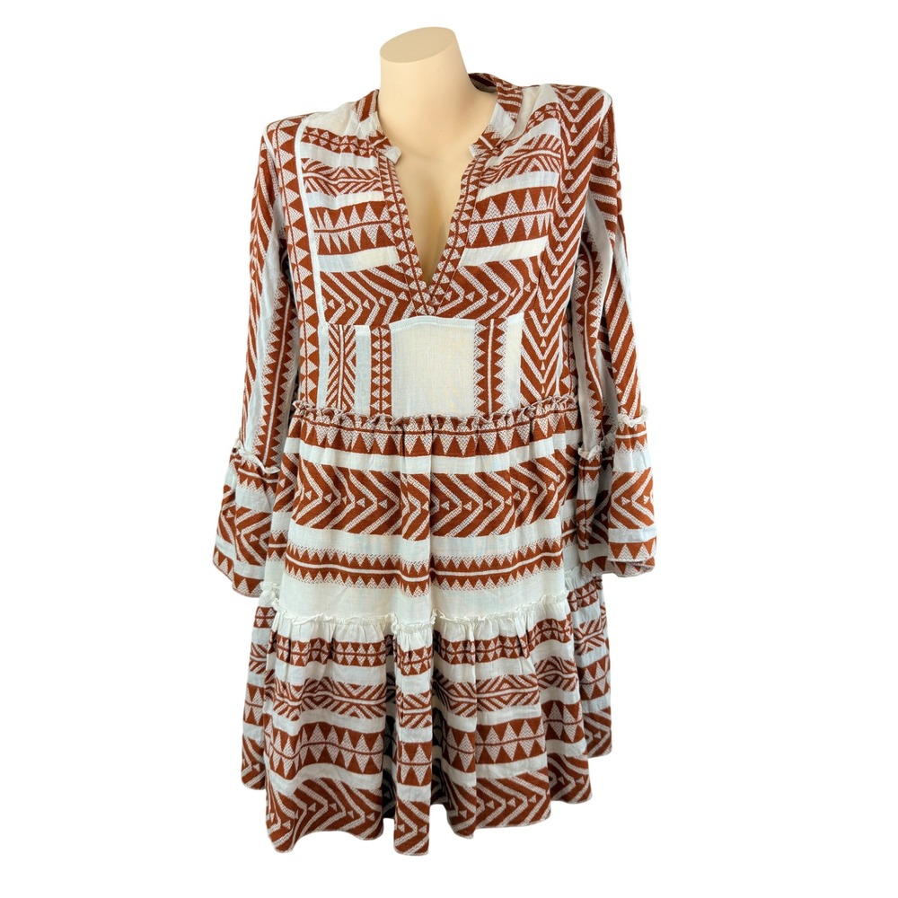En Creme Boho Tribal Print Bell Sleeve Tiered Mini Dress Rust White Womens L